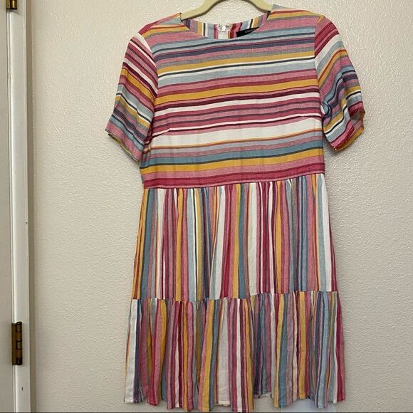 Forever 21 short sleeve ruffle Striped Flounce-Hem Mini Boho romantic Dress-S - Picture 2 of 11